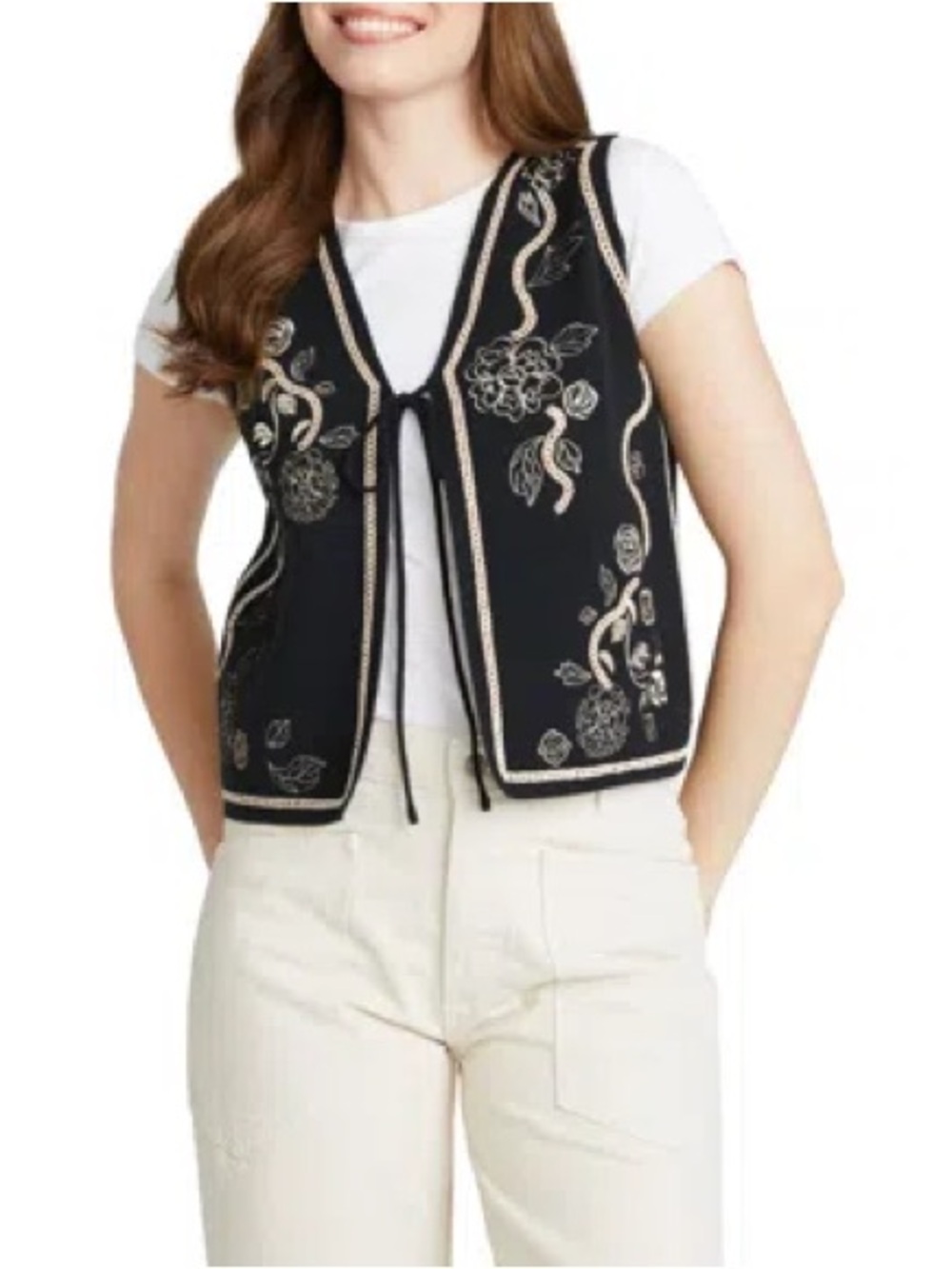DRIFTWOOD Black Vest with White Floral Embroidery